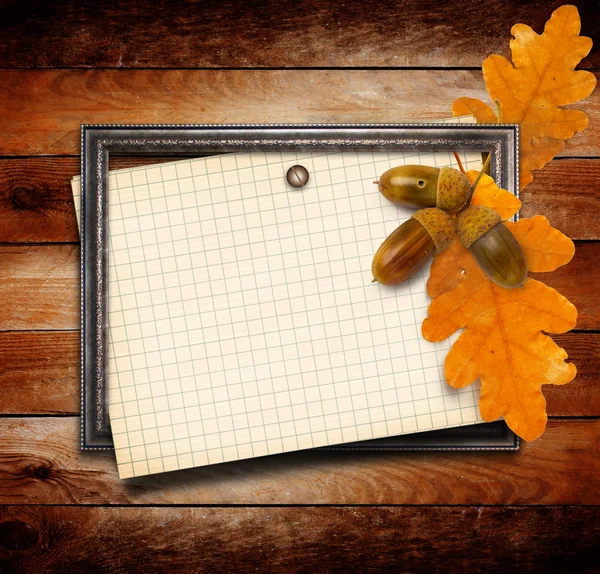 The old gold wooden frame on grange wall with oak leaves and aco — Stock Photo, Image