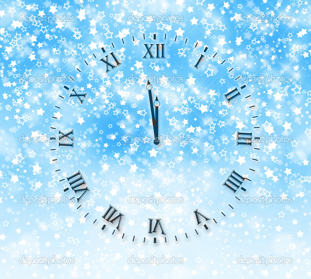 Abstract snow background with New Year's clock face