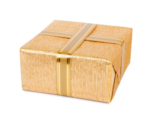 Beautiful Gift box in gold wrapping paper isolated — Stock Photo, Image