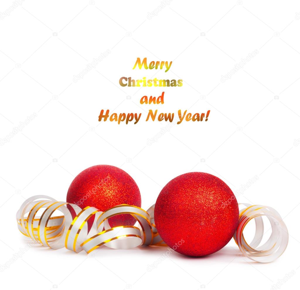 Red Christmas balls with golden streamer isolated on a white bac