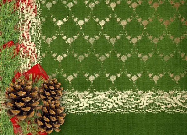 Christmas greeting card with branches of spruce, cone and ribbons — Stock Image Christmas greeting card with branches of spruce, cone and ribbons Stock Photo