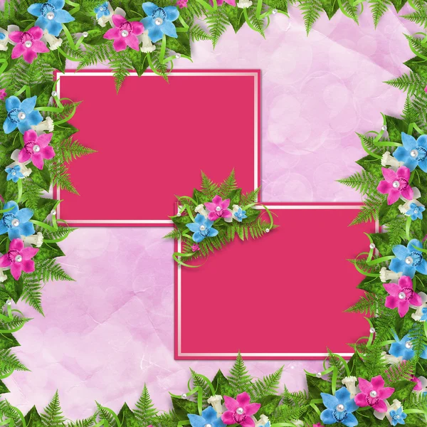 Tarjeta para invitación o felicitación con orquídeas azules y rosadas — Foto de Stock