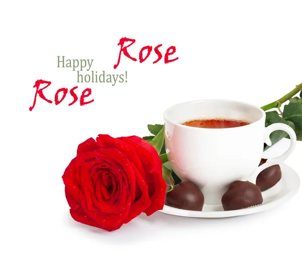 Beautiful red rose and cup of hot tea with chocolate isolated ba — Stock Photo, Image