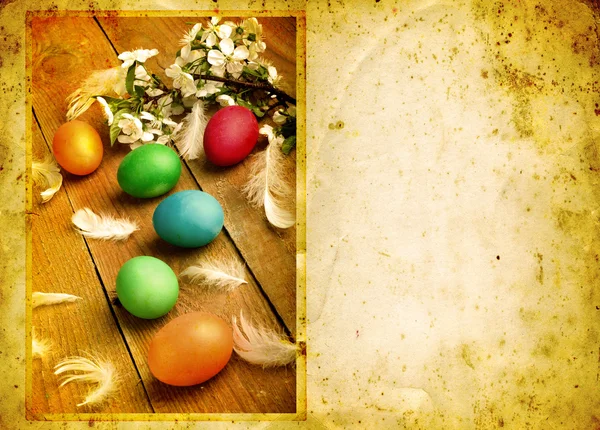 Grunge old carved postcard with eggs to celebrate Easter — Stock Photo, Image