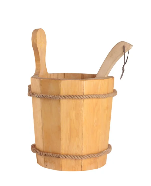 Wooden bucket with ladle for the sauna Isolated on white background — Stock Photo, Image