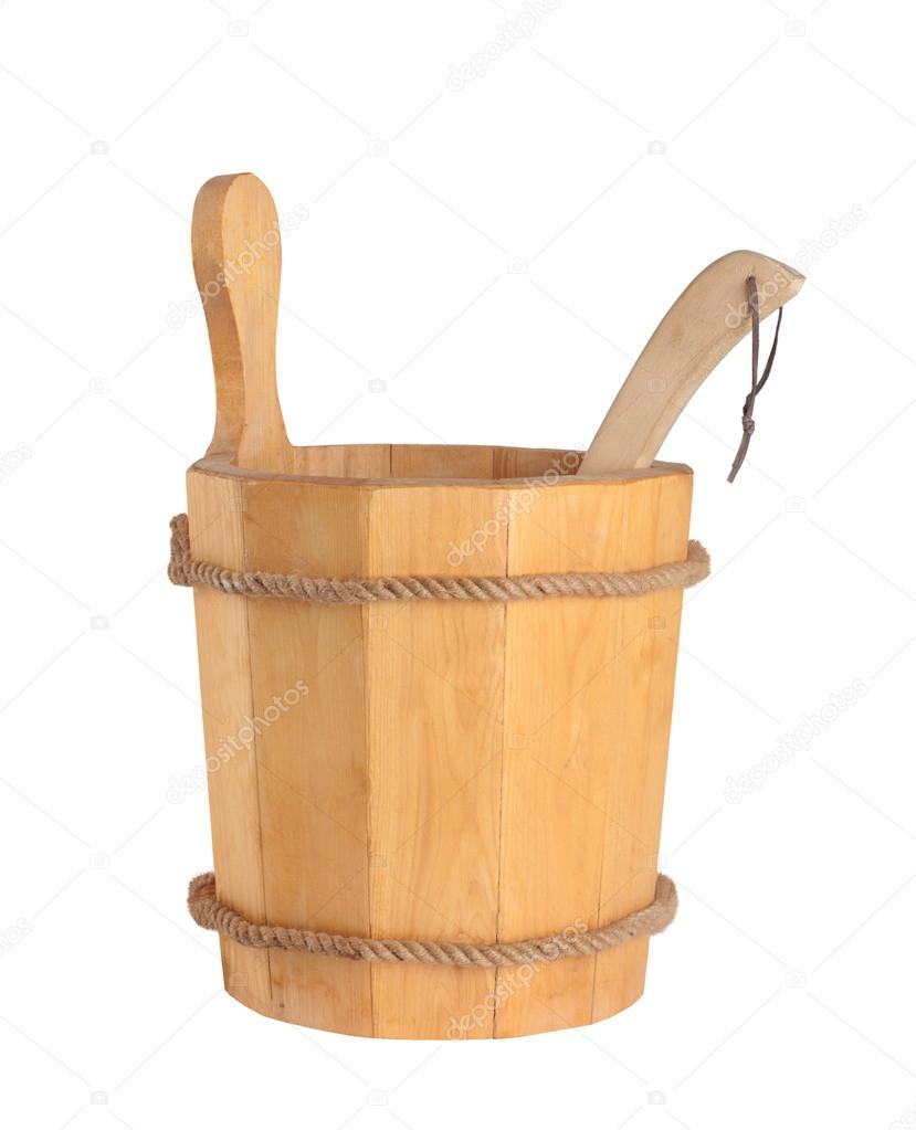 Wooden bucket with ladle for the sauna Isolated on white background