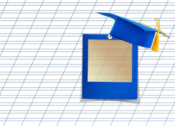 Mortar board or graduation cap with blue slide on the background — Stock Photo, Image