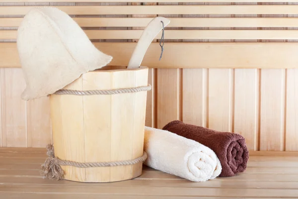 Wooden sauna  with bucket — Stock Photo, Image
