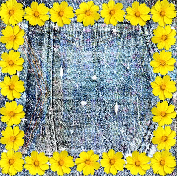 青い背景の古いジーンズに美しい黄色い花 — ストック写真