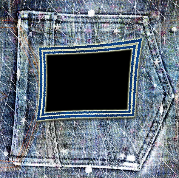 Старая винтажная рамка на потрепанном фоне джинсов — стоковое фото