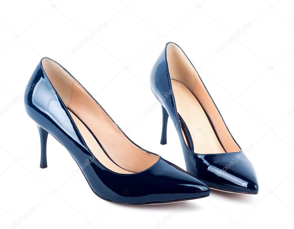 Beautiful blue classic women shoes isolated on white background
