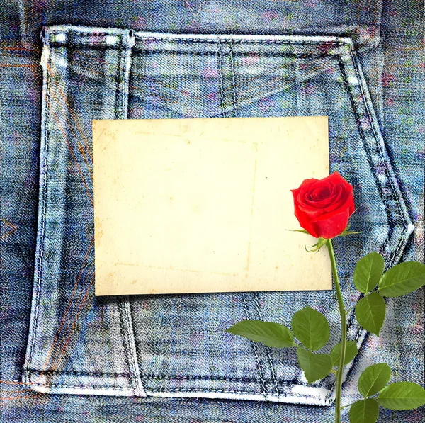 Velho cartão postal vintage com bela rosa vermelha em azul jeans backg — Fotografia de Stock