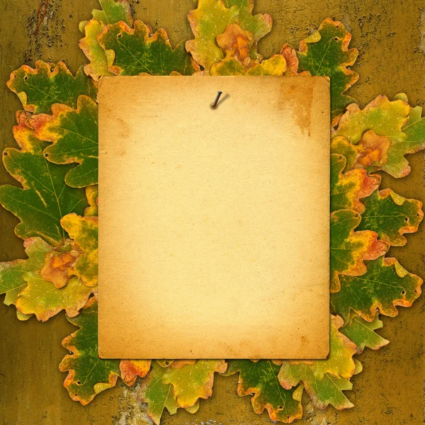 Altes Papier an rostiger Metallwand mit leuchtend orangefarbenem Herbst — Stockfoto