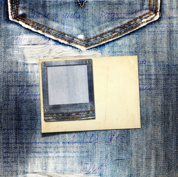 Vintage postcard with paper slides on old jeans background — Stock Photo, Image