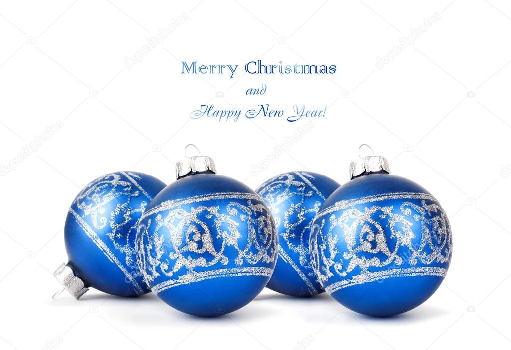 Boules De Noël Bleu Avec Ornement Argent Isolé Sur Blanc Dos