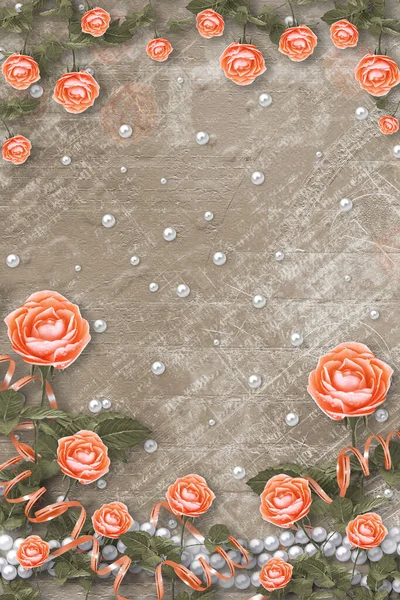 Свята Листівка Перлами Букет Красивих Персикових Троянд Коричневому Паперовому Фоні — стокове фото