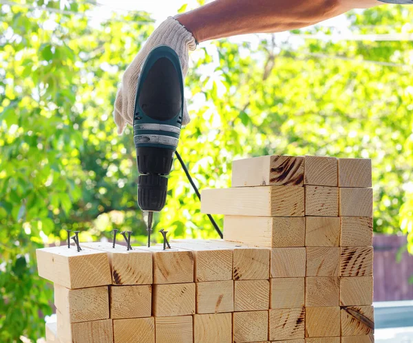 Master Cabinetmaker Makes Wooden Furniture Drill Nails Hammer Handmade Home — Stock Photo, Image