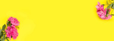 Sarı kağıtta güzel pembe şakayık demeti. En küçük konsept arkaplanı. 