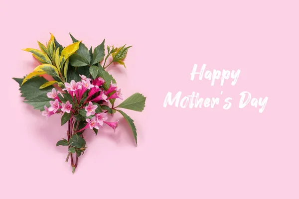Cartão Saudação Com Flores Weigela Rosa Para Dia Mãe Design — Fotografia de Stock