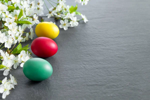 Belo Cartão Páscoa Com Ovos Coloridos Ramos Cereja Fundo Verde — Fotografia de Stock