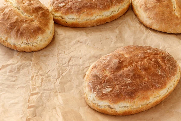 Pane Grano Fresco Fatto Casa Sul Tavolo Legno Layout Piatto — Foto Stock