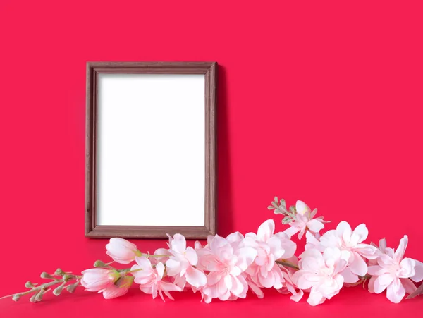 Wooden Old Photo Frame Delicate Pink Flower Red Paper Background — Fotografia de Stock