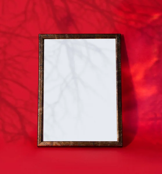 Wooden Frame Monochrome Red Background Simple Mockup Design Copy Space — Stok fotoğraf