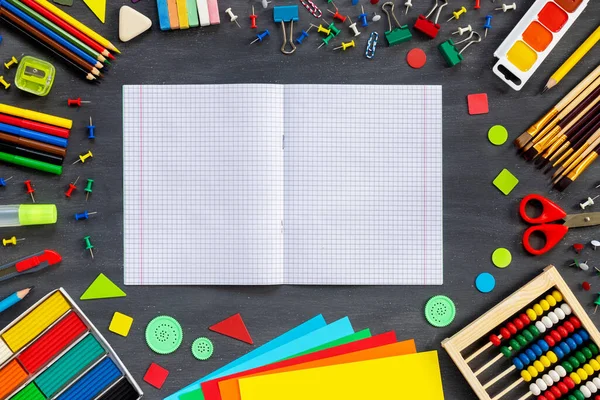 School Office Supplies Border Black Board Multicolored Pencils Paints Plasticine — Stock Photo, Image