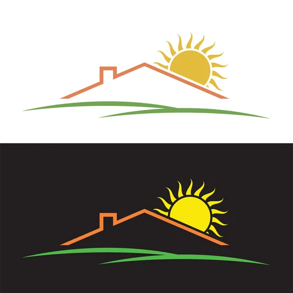 Casa sol colinas siluetas — Vector de stock