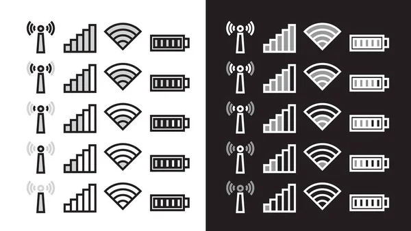 Wifi Síť Baterie Úroveň Mobilní Telefon Ikony Nastavit Černobílé Pozadí — Stockový vektor