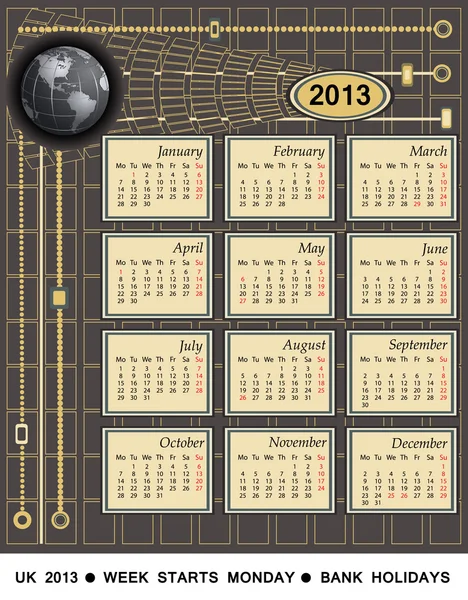 Calendario 2013 - Versión del Reino Unido — Vector de stock