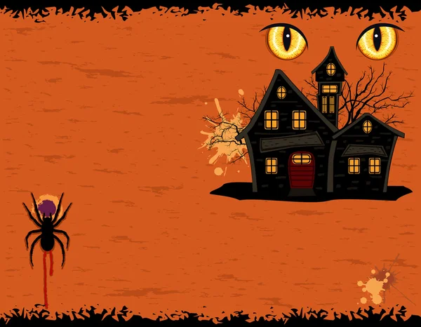 Grungy tarjeta de fiesta de Halloween con fantasmas mansión — Vector de stock