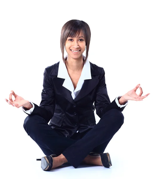 Zakenvrouw doen yoga. geïsoleerd op witte achtergrond. — Stockfoto