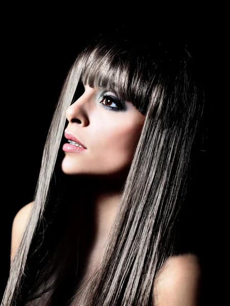 Closeup face of beautiful woman with long black curly hairs — Stock Photo, Image