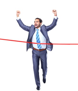 çalışan mutlu işadamı ile satır bitirme. beyaz izole