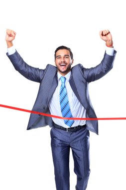 çalışan mutlu işadamı ile satır bitirme. beyaz izole