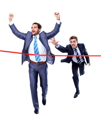 çalışan mutlu işadamı ile satır bitirme. beyaz izole