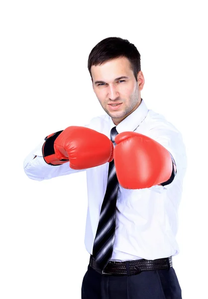 Hombre de negocios listo para luchar con guantes de boxeo - aislado sobre fondo blanco — Foto de Stock