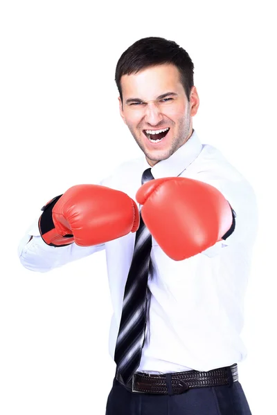 Business man ready to fight with boxing gloves - isolated over white background — Stock Photo, Image