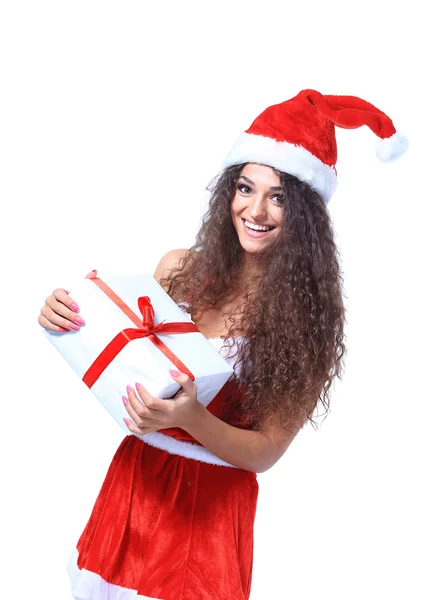 Boże Narodzenie santa kobieta na białym tle portret posiadają prezent na Boże Narodzenie. — Zdjęcie stockowe