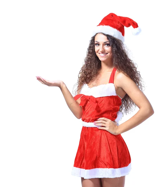 Jovem mulher de Natal mostrar fundo branco — Fotografia de Stock