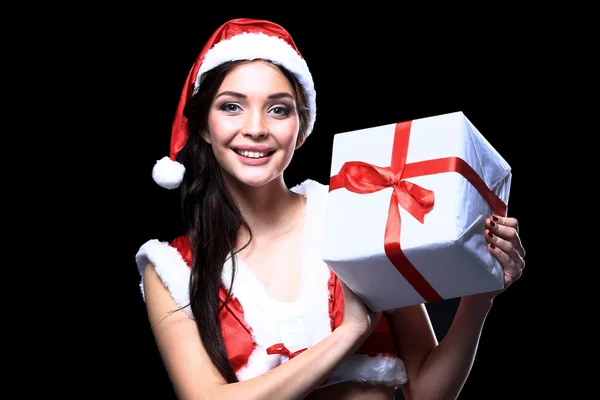 Santa flicka med julklappar — Stockfoto