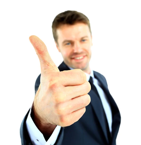 Happy business man going thumbs up, isolated on white — Stock Photo, Image