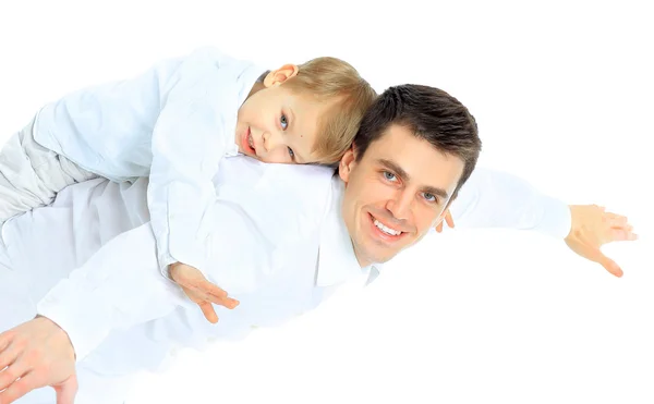 Portrait de père et fils heureux. Isolé sur blanc — Photo