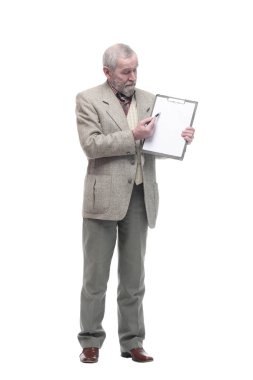 Tam gelişim. Elinde pano olan yaşlı bir iş adamı..