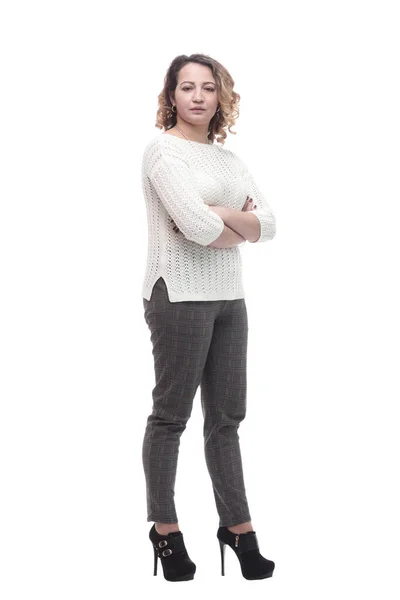 Attraente giovane donna in un maglione bianco. — Foto Stock