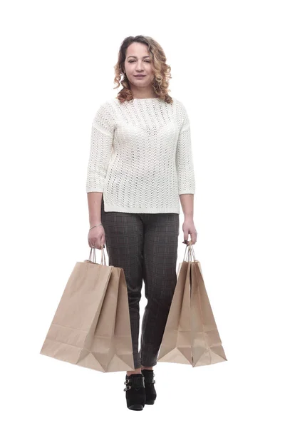 Casual young woman with shopping bags. isolated on a white — Stock Photo, Image