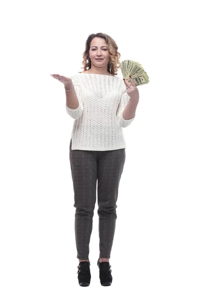 Happy young woman with banknotes. isolated on a white — Stock Photo, Image