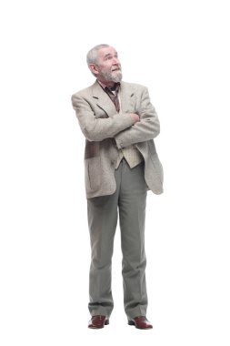 Tam boy. İş kıyafetleri içinde sıradan yaşlı bir adam. .