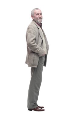 Tam boy. İş kıyafetleri içinde sıradan yaşlı bir adam. .